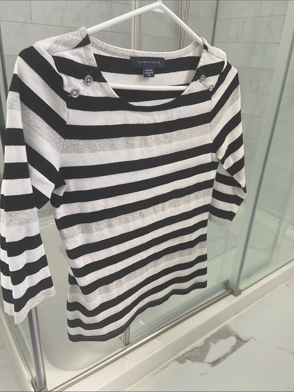 Tommy Hilfiger Black & White Striped Boatneck Top with Button Detail